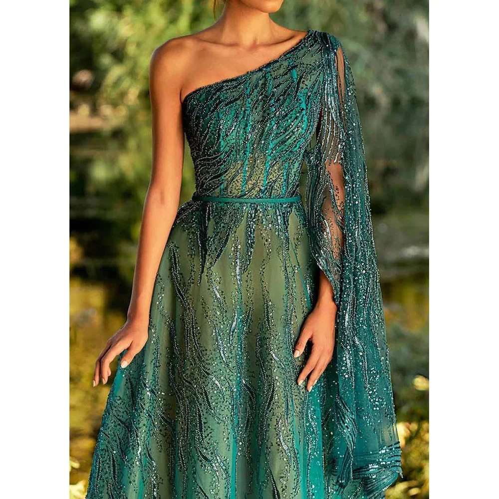 Fashion Green Women Prom Dresses One Shoulder Full Sleeve Floor Length A-line Sequined Fairy Evening Party Banquet Gowns