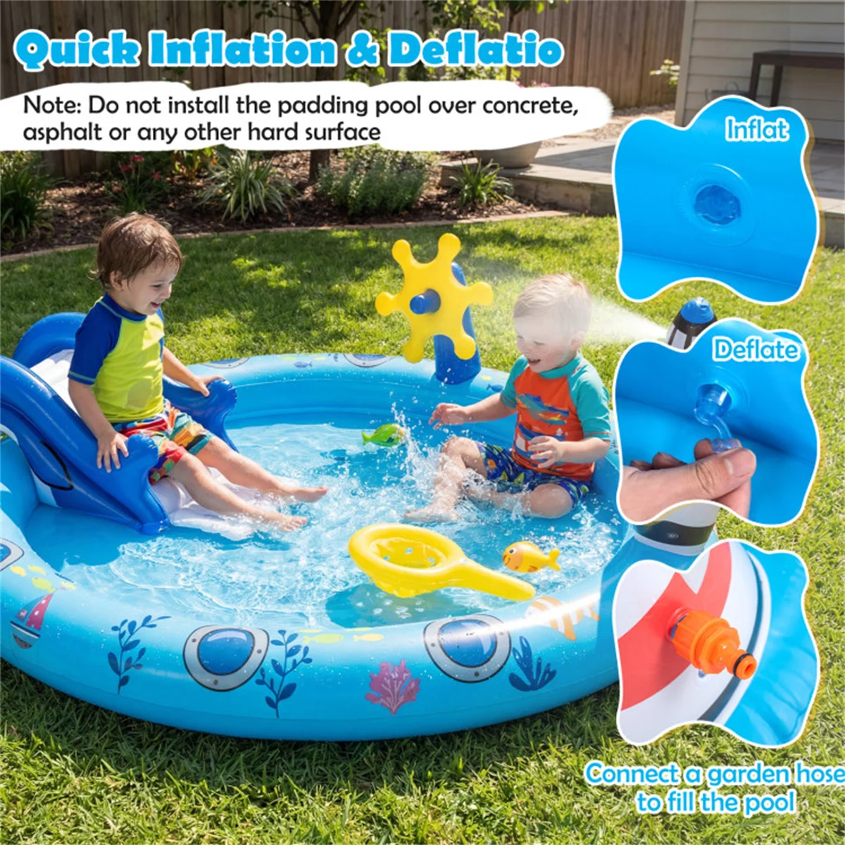 

74 Inch Inflatable Ocean Spray Pool with Shark Slide & Lighthouse Sprinkler, Household Kids Water Play Center, Thick Wear-resistant PVC Material, Safe Leakproof Inflatable Swimming Pool, Easy Inflation Foldable Portable Design, Perfect for Backyard Garden