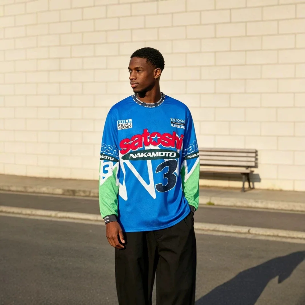 Satoshi Nakamoto vintage hip-hop street motorcycle-themed graphic long-sleeved T-shirt