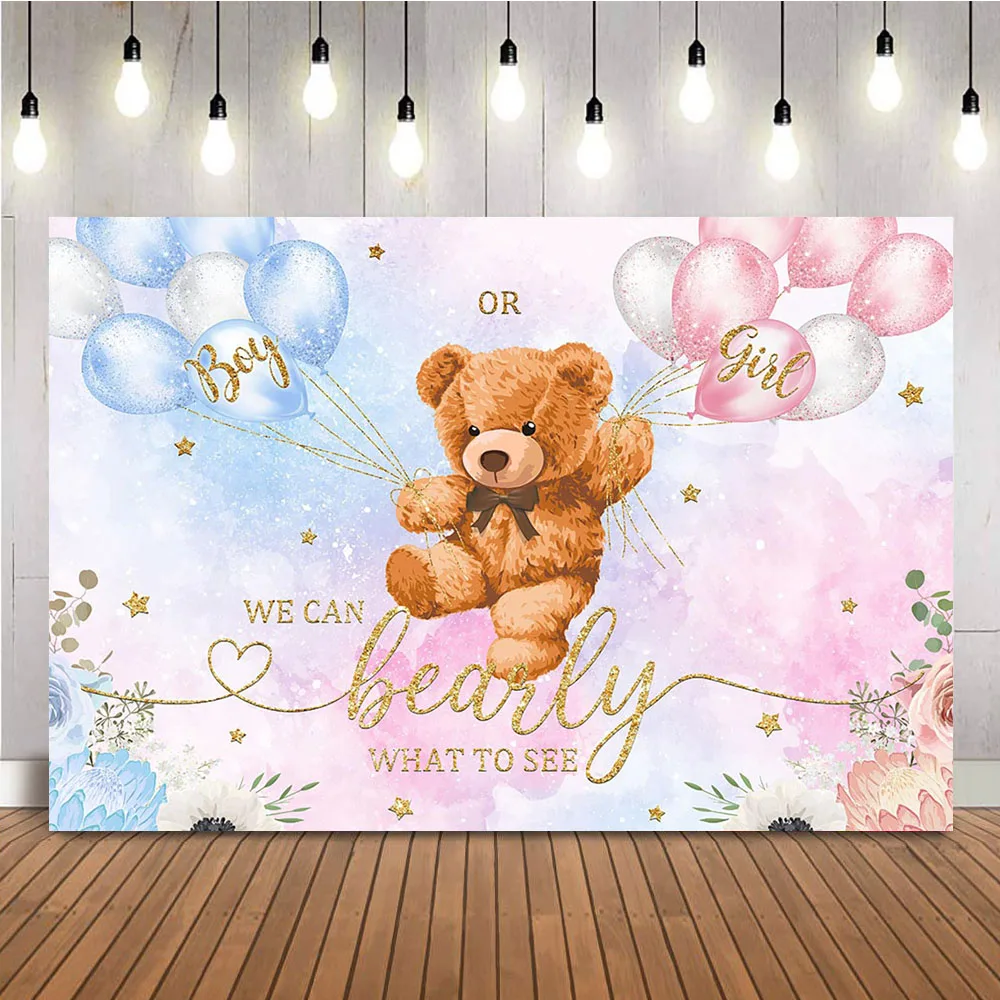 Bear Gender Reveal Backdrop 7Wx5H Feet He or She Pink or Blue Floral We Can Bearly Wait Baby Shower Background Mom-to- be Party