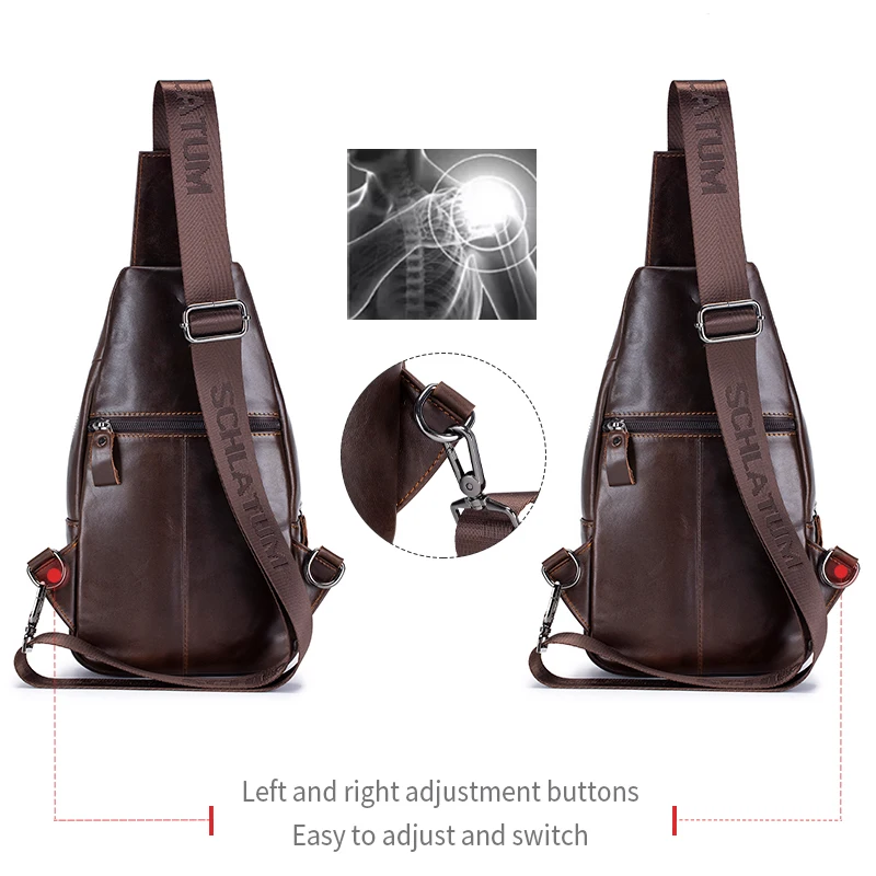 SCHLATUM Genuine Leather chest bag For Men\'s High Quality Vintage Men Zip Pocket Travel Bag Fashion Crossbody Messenger Bag