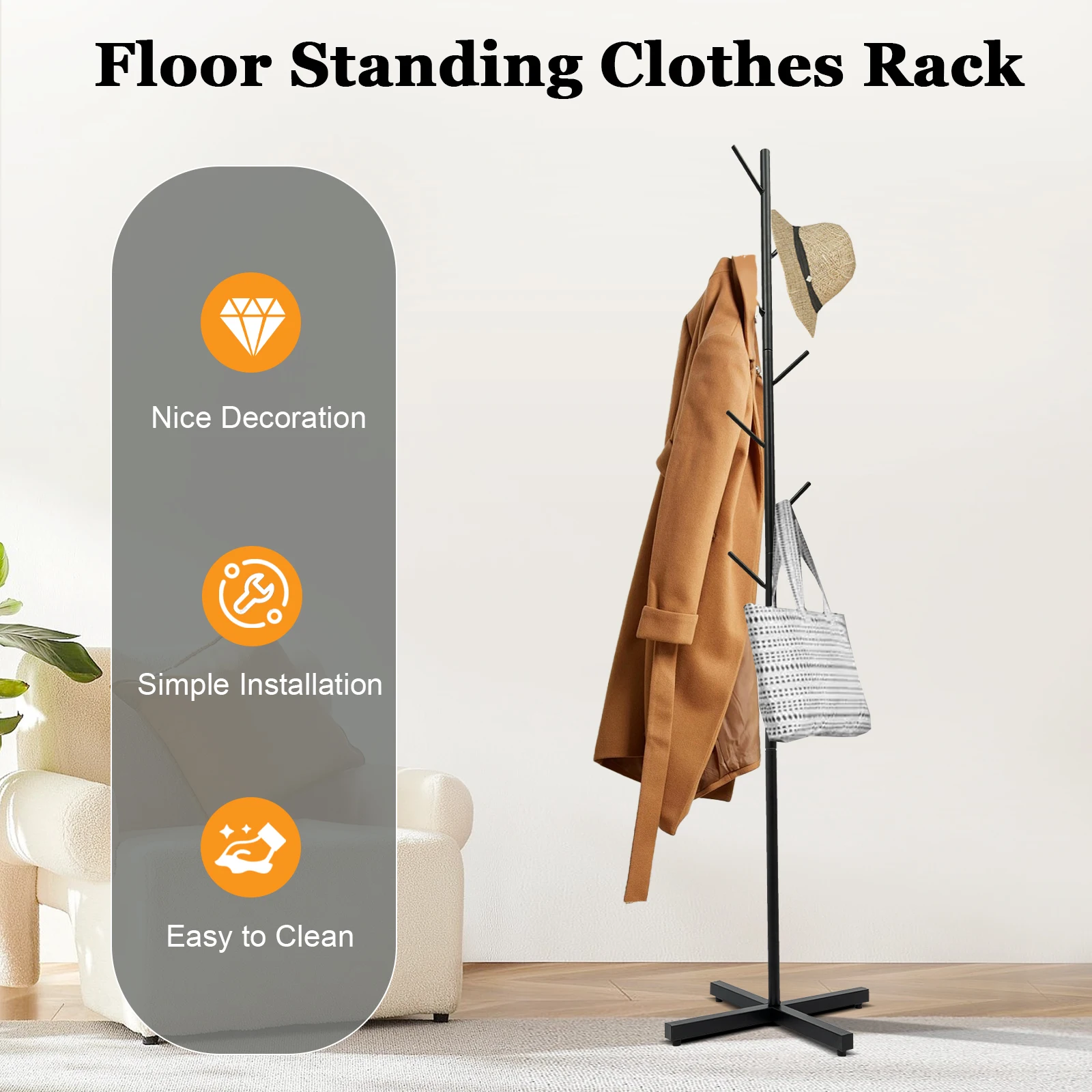 

Metal Clothes Rack, Freestanding Coat Rack for Bedroom, Hallway, Entrance, Office, Hats, Coats, Scarves, Handbags, Black