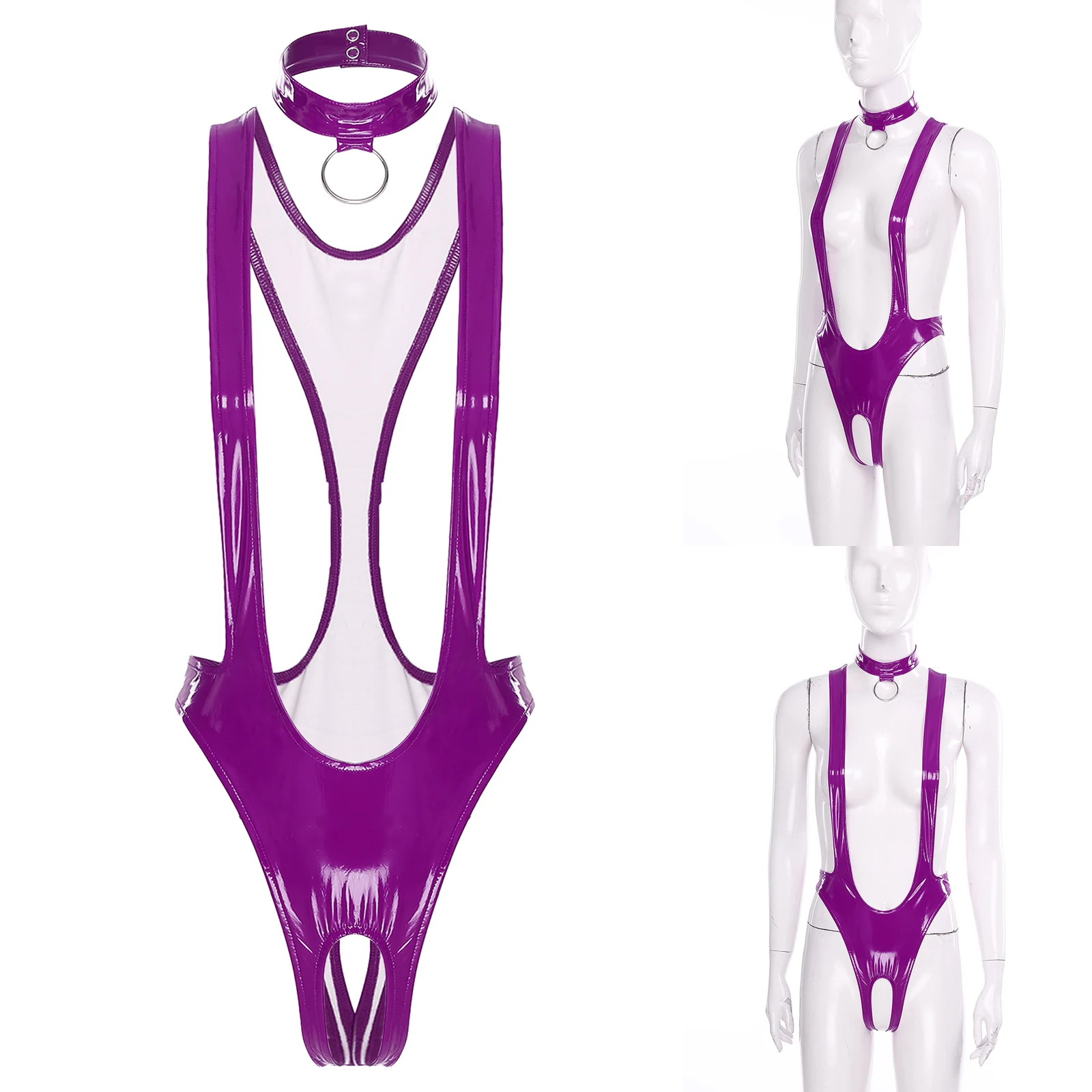 

Женское боди из лакированной кожи с мокрым эффектом и колье, соблазнительная пижама без промежности с открытой спиной, пикантные комбинезоны для флирта, порно костюмы