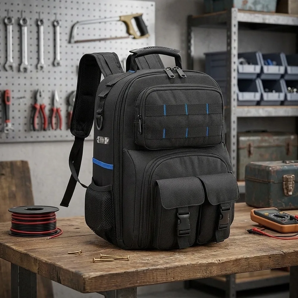 Professional Backpack Tool Bag with Rubber Feet Base and Multiple Pockets for Tool Storage 30x16x40cm Professional
