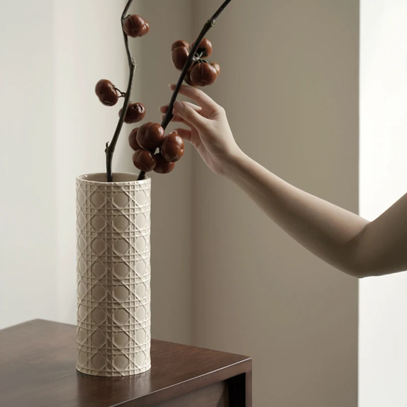 

Life ceramic vase Nordic simple white rattan plaid flower ware living room entrance flower arrangement ornament