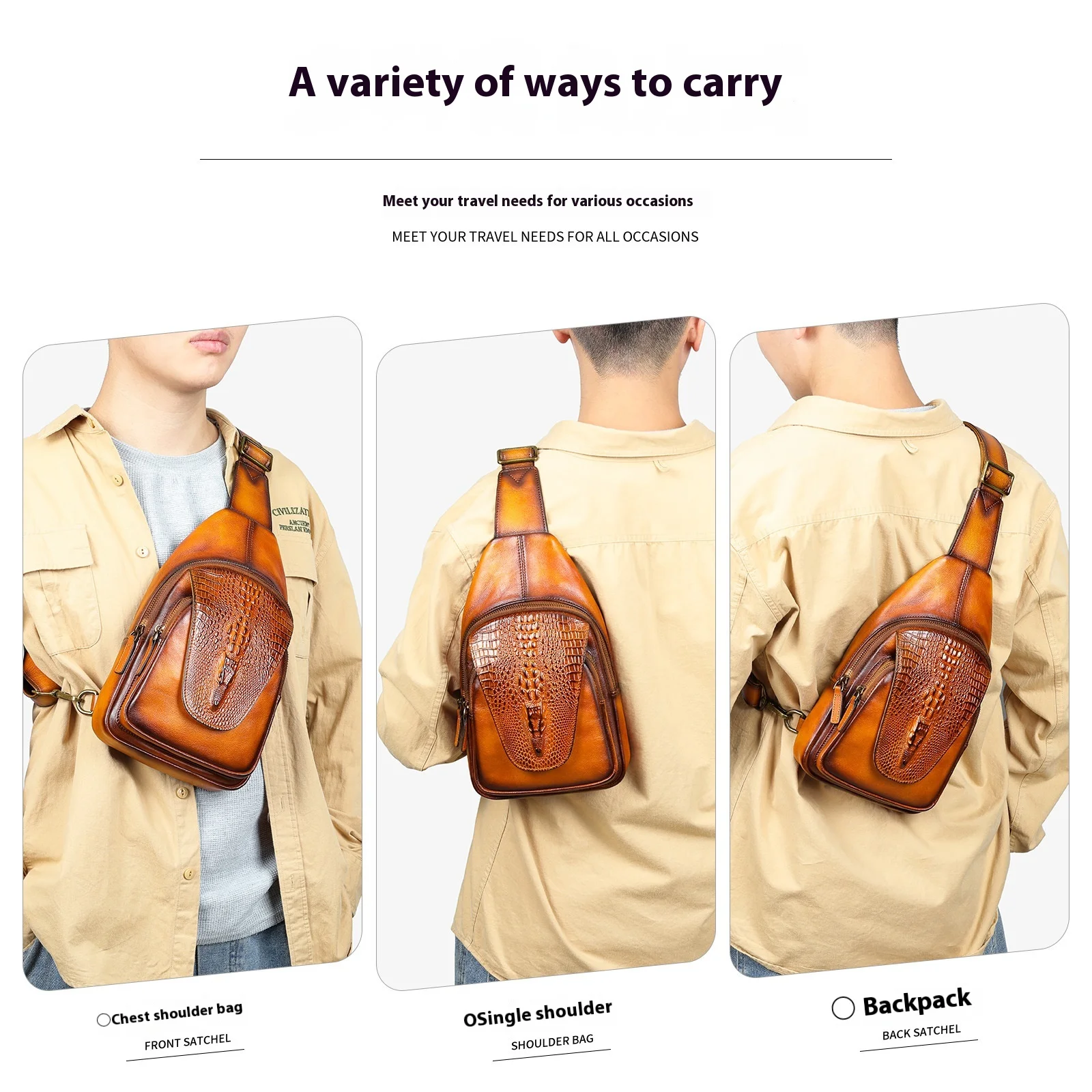 Genuine Cowhide Chest Bag with Crocodile Print for Men
