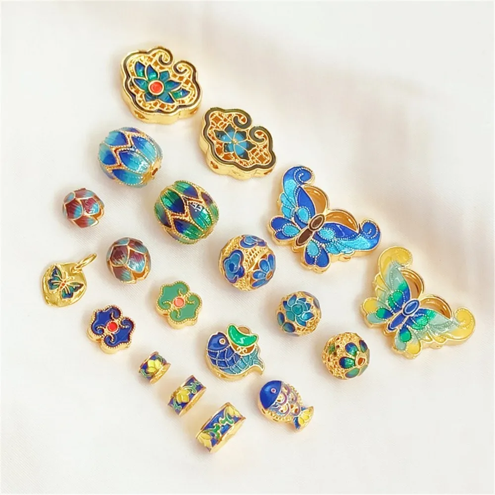 14K Gold-plated Oil-dripping Auspicious Flower Bud Beaded Hollowed-out Ball Butterfly Handmade DIY Jewelry Accessory Material