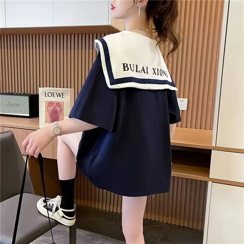 2023 Sailor Collar Short Sleeve T-shirt New Summer Women Cotton T Shirt Students Casual Tee Top Female Loose Short T-shirt