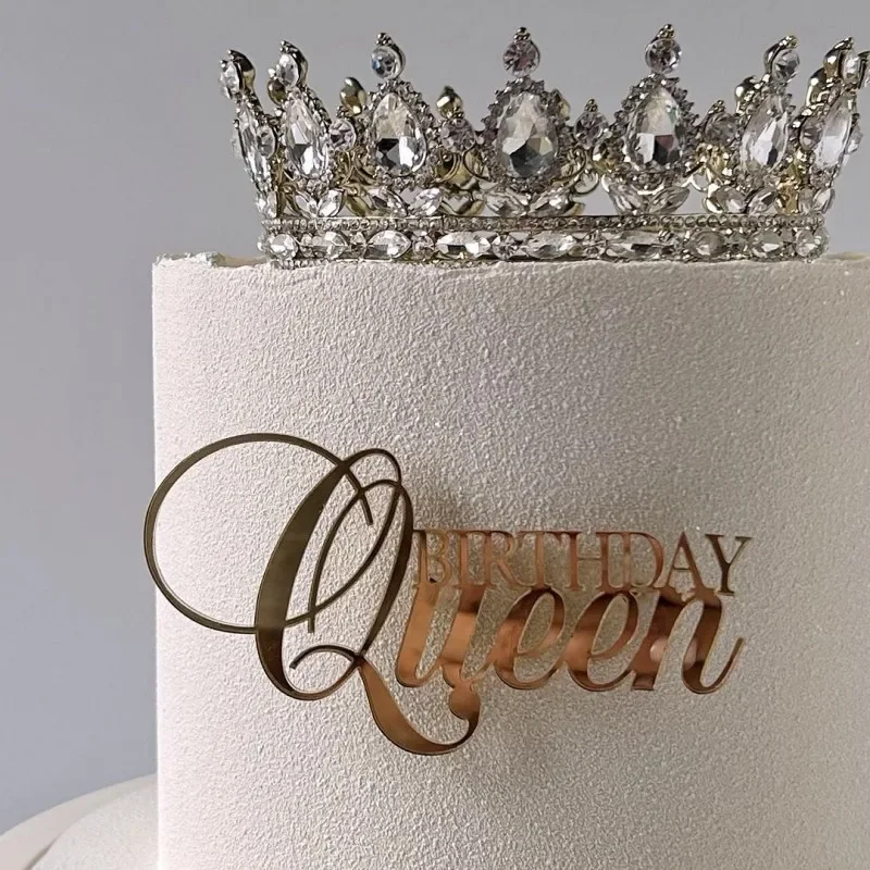 INS Queen Happy Birthday Acrylic Golden Cake Topper for Queen Birthday Party Valentine's Day Cake Side Decoration