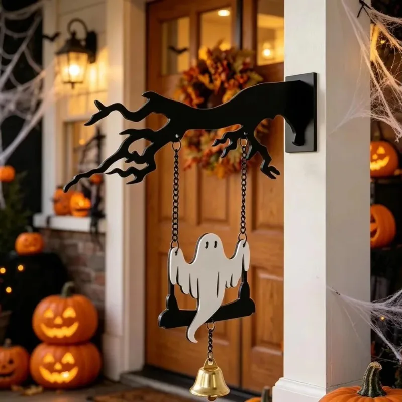 Halloween Wall Mounted Ghost Swinging Doorbell Sound Decoration Halloween Tree Branch Hanging Sign Diamond free Acrylic