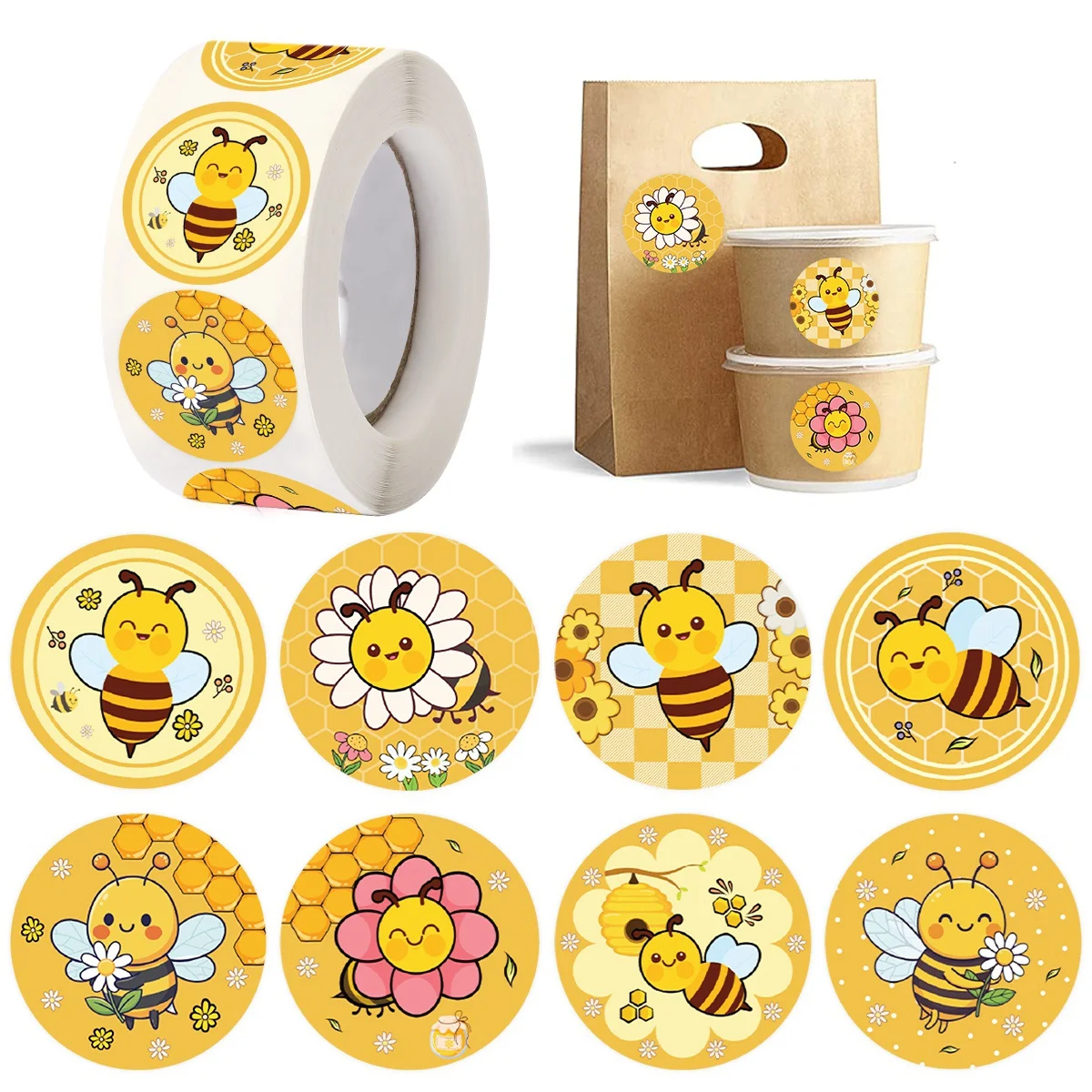 500 Stück Cartoon Kleine Bienen Runde Aufkleber für Gepäck, Wasserflaschen, Handys, Laptops, Scrapbooks, Helme, Auto-Dekoration, Frühlings-Zubehör, Geschenk – Detail 5