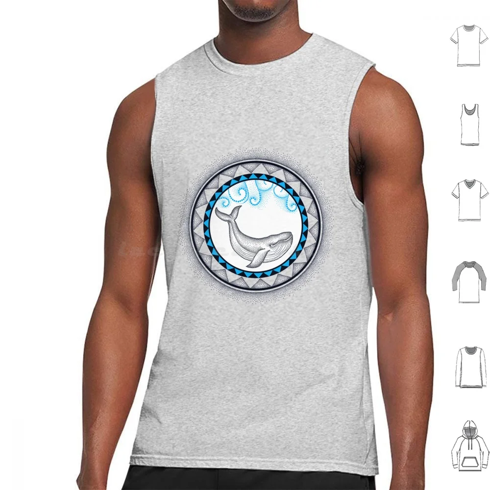 Dotted Whale And Round Mandala In Black And Blue. Tank Tops Vest Sleeveless Whale Humpback Mandala Dots Dotwork Pointillism