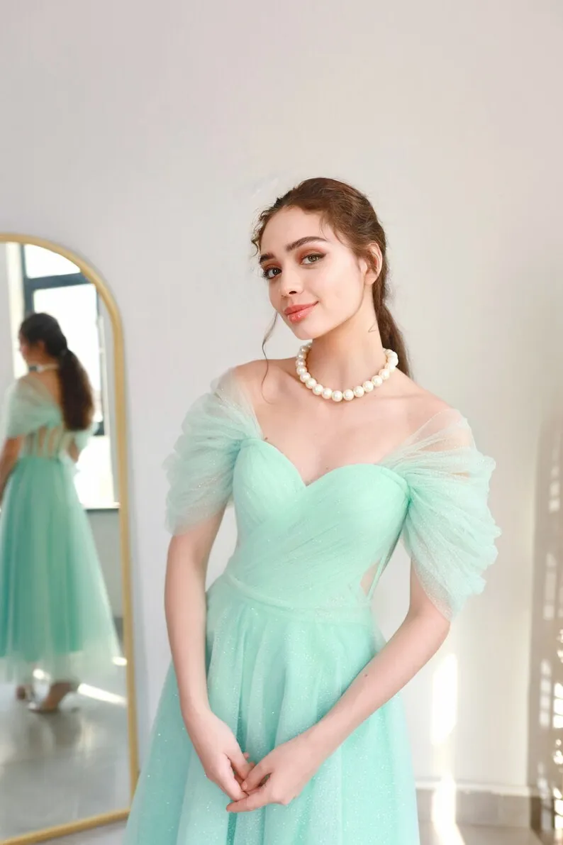 Off the Shoulder Tulle Evening Gowns A-line Tea-Length Long Party Dress Pleated Criss-Cross Lace Up Sparkly Graduation Dresses