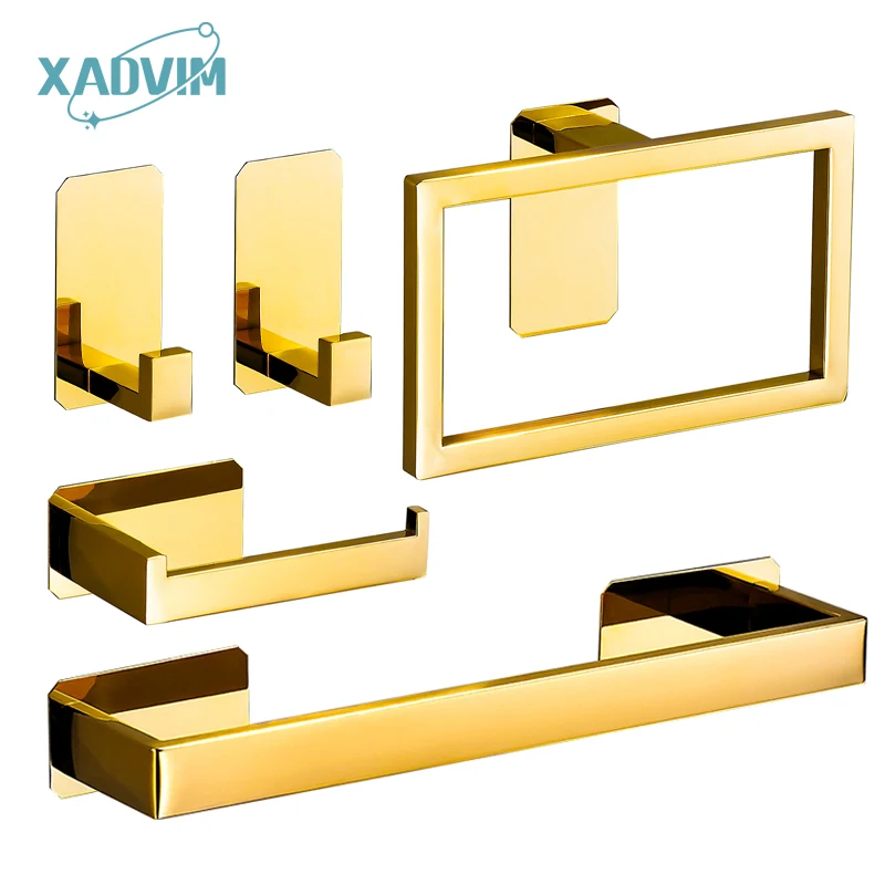 

No Drilling 304 Stainless Steel Towel Bar Towel Ring Paper Holder Robe Hook Mirror Plated Gold Silver Bathroom Accessories Sets