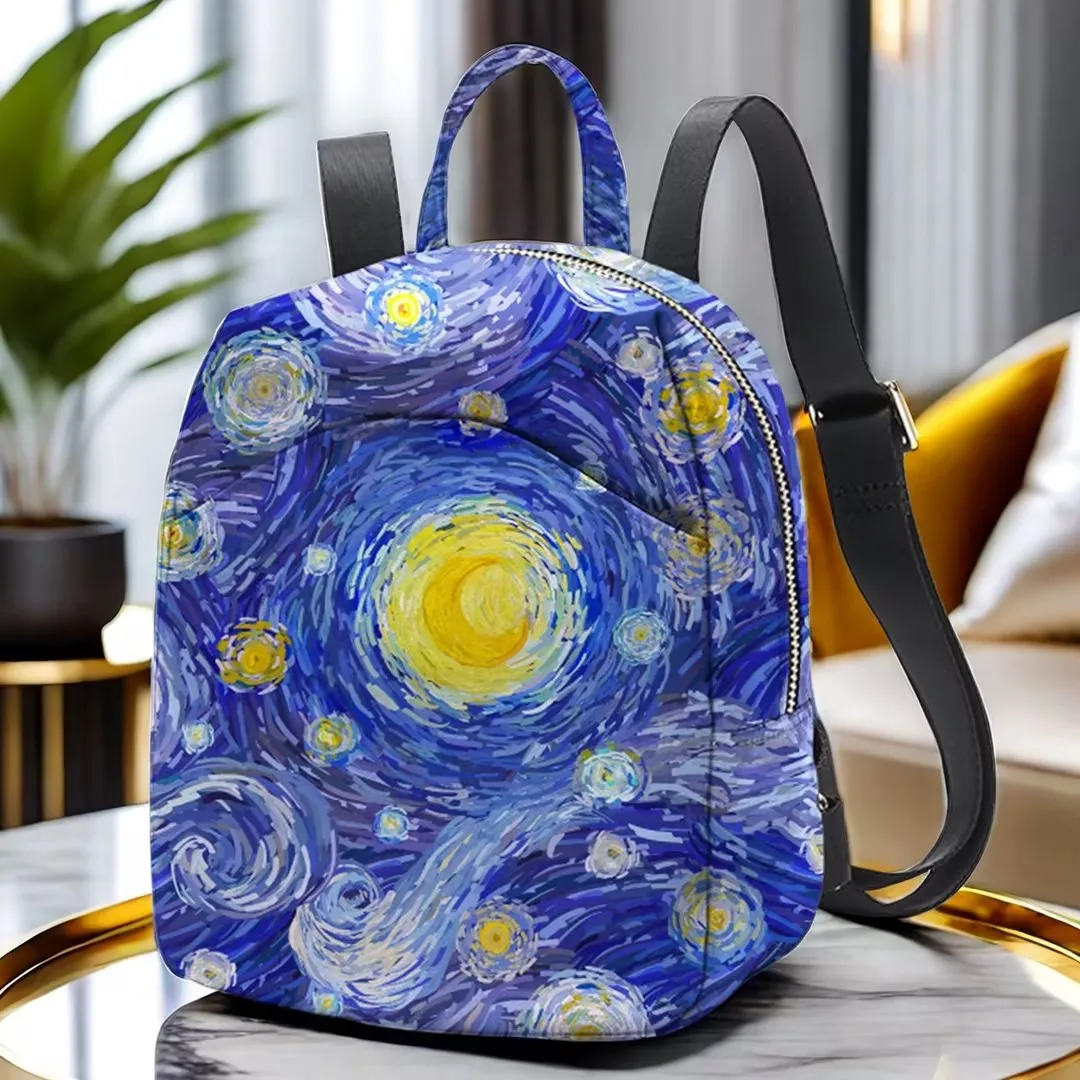 Vibrant Oil Painting Style Starry Sky Print Small backpack for Women - Adjustable, Versatile Polyester Mini Backpack for Men and