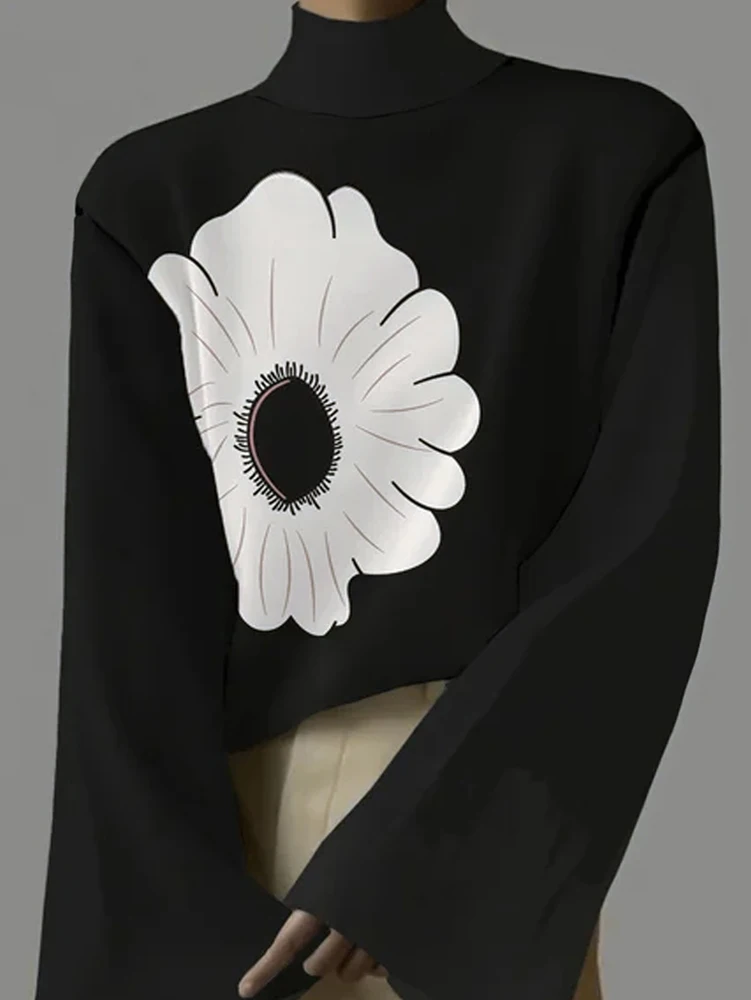 

2025 Summer New Women's Tops Flared Long Sleeve Turtleneck Top Color Black Polyester Printed Pattern Explosion