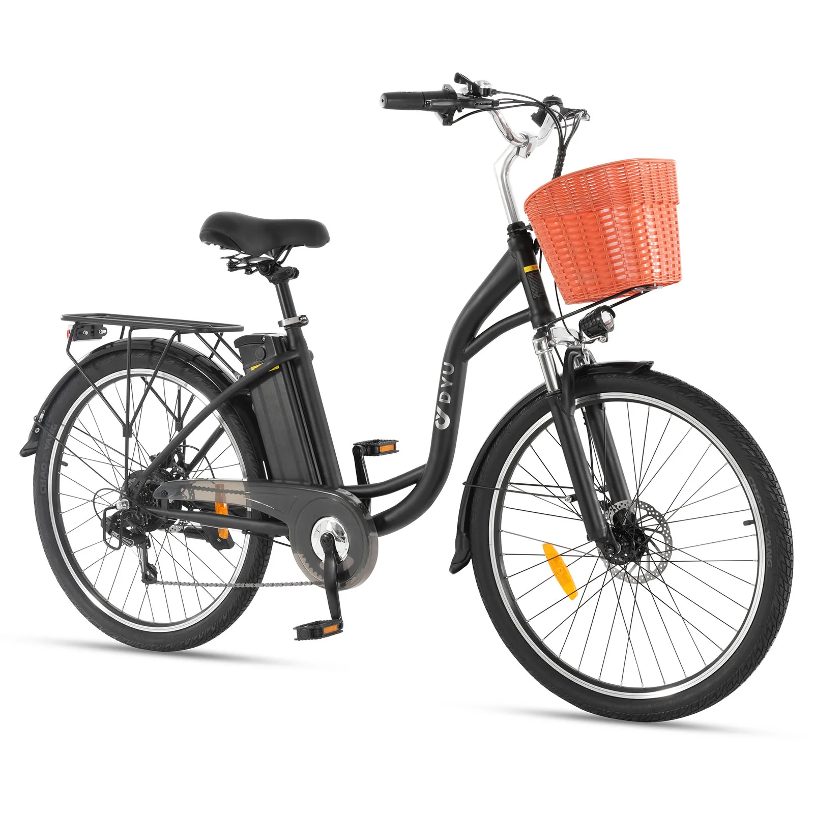 DYU C6 Shimano 6-versnellingen elektrische fiets 26" 36V 12.5Ah voorvork, zadelpen, vering, 25km/u, stadsfiets, schijfremmen