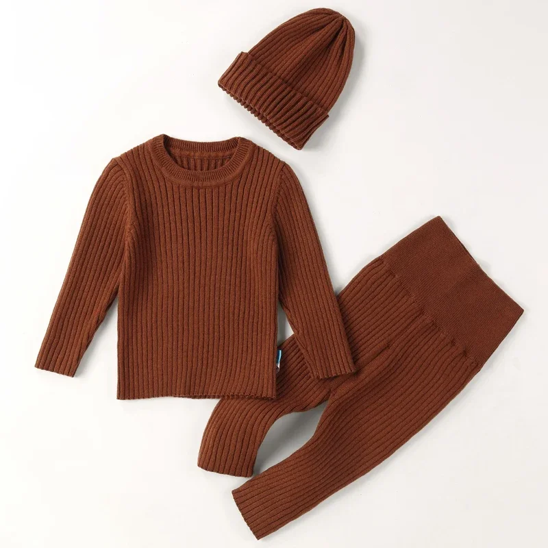 3pcs Sweater Sets Baby Boy Clothes Sets Kids Boys Girls Autumn Winter Knit Clothing Suit Newborn Toddler Outfits Tops Hat Pants