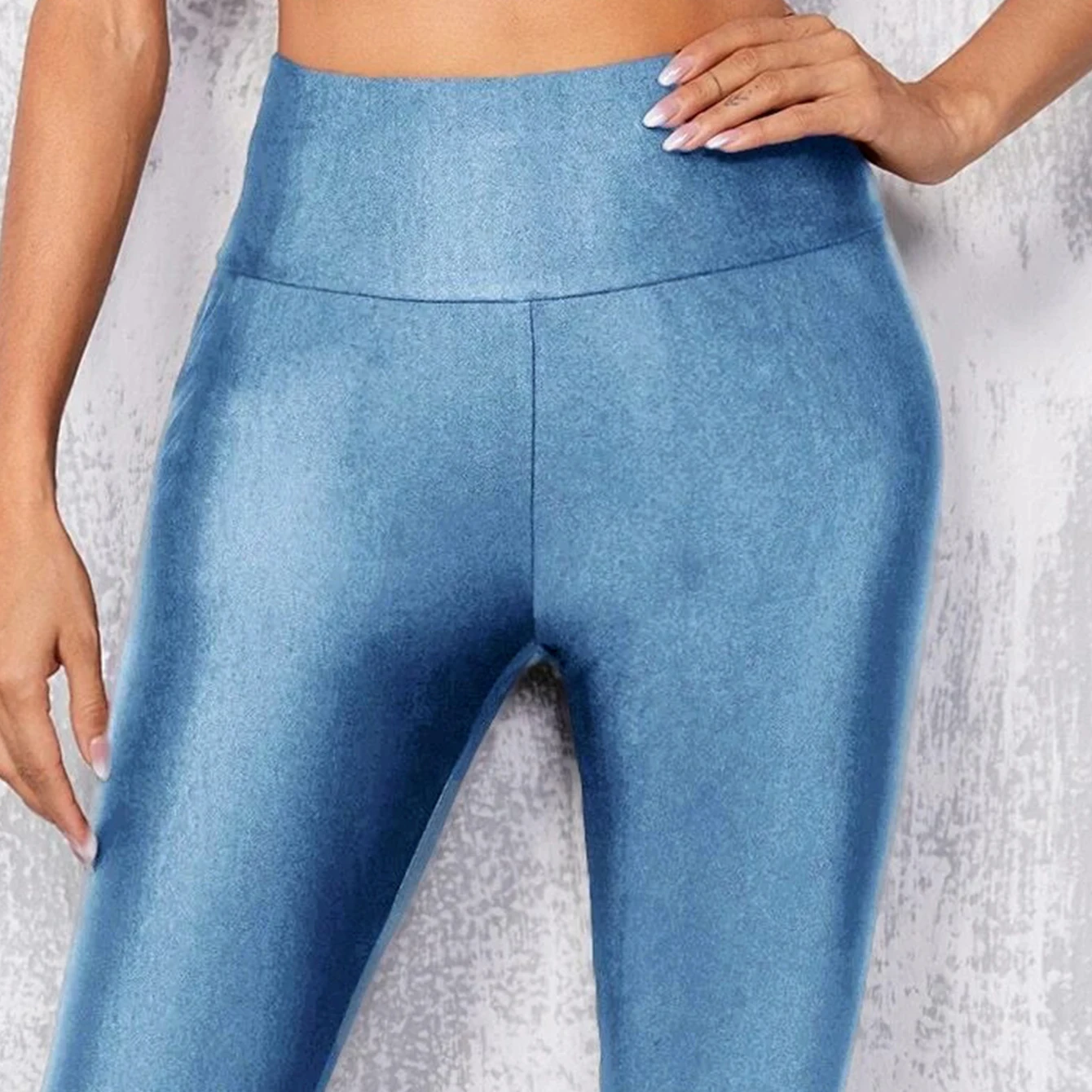 Europe And The United States Wind Blue Gloss Leggings High Waist Solid Color Tight Nine-point Pants High Stretch Small Legs