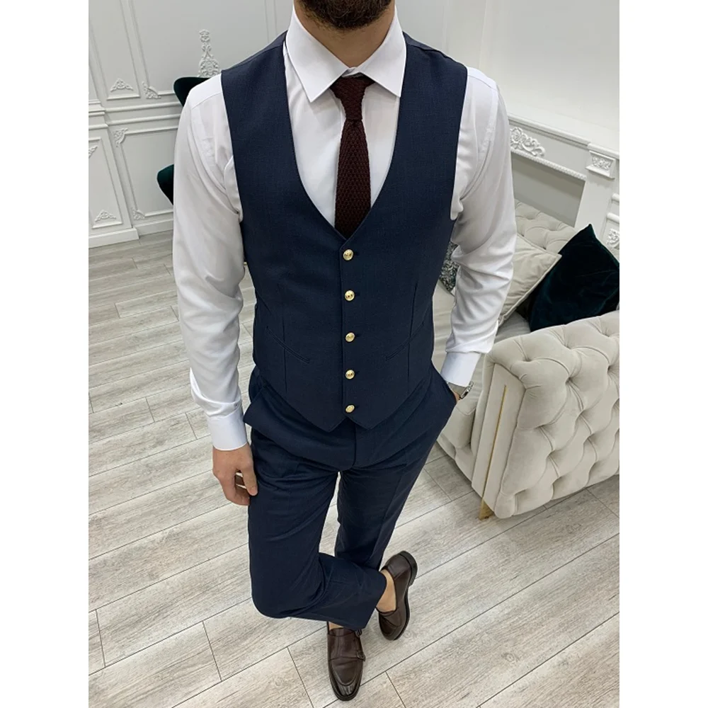 Navy Blue Men Suits Chic Single Breasted Peak Lapel Smart Casual Wear Slim Fashion Groom Wedding Party Tuxedo 3 Piece Set