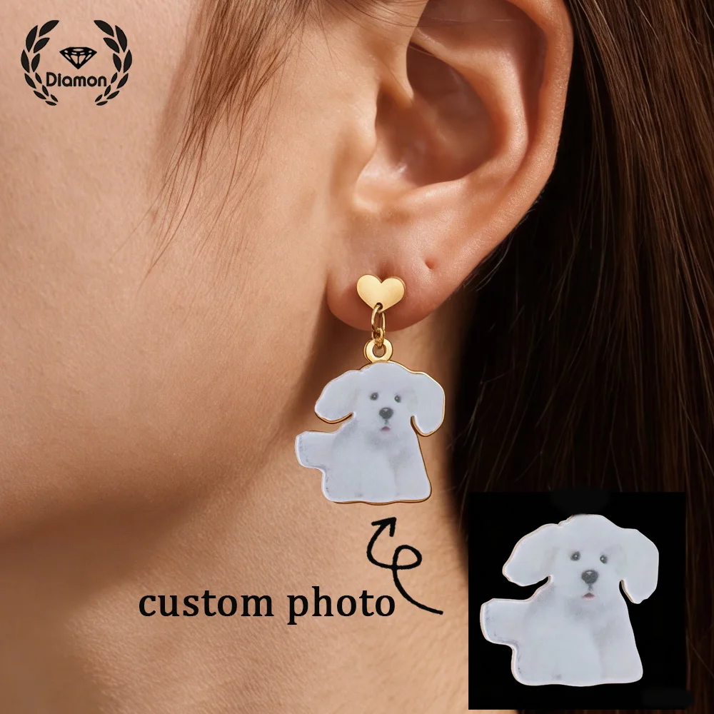

Diamon Custom Colorful Puppy Pet Photo Ear Studs Stainless Steel Personalized Picture Earrings for Women Jewelry Gift