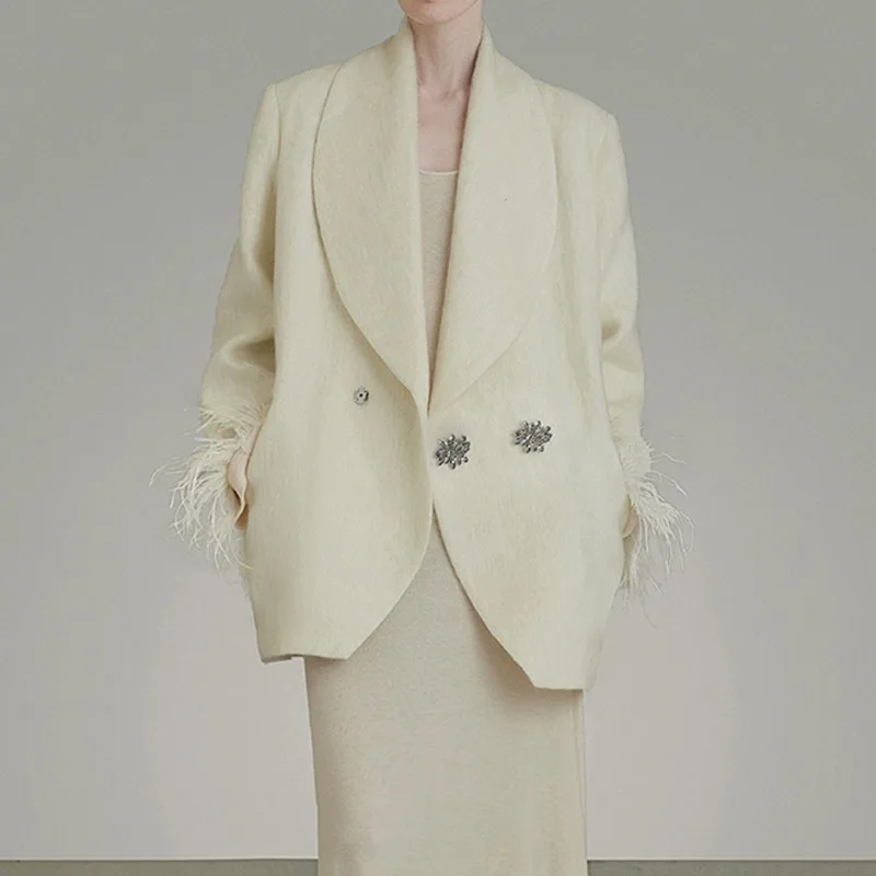 EAEOVNI ريشة تقسم تصميم المرأة البدلة معطف موضة التلبيب طوق كم طويل زر تصميم سترة ملابس أنيقة #2