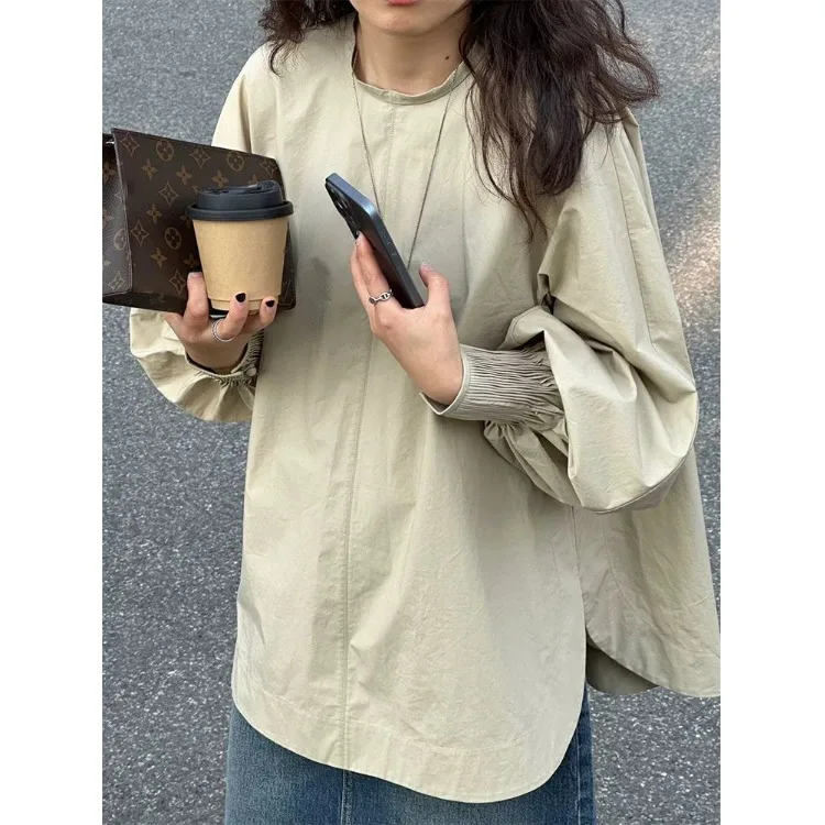 

Корейская минималистичная рубашка цвета хаки с длинными рукавами, асимметричный свободный топ средней длины с рукавами-фонариками, женская осенняя повседневная пригородная одежда
