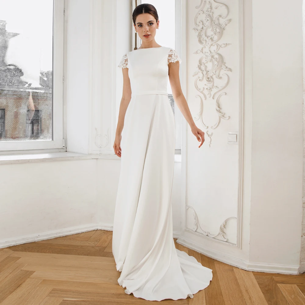 

Elegant A-Line Boat Neck Jersey Wedding Dress for Women Customized Lace Hafl Sleeves High Quality Bridal Gowns with Sweep Train