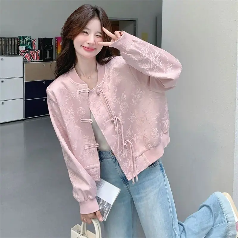 

Vintage New Chinese Style Women Bomber Jacket Spring Autumn Baseball Jacket Coat Button Jacquard Cropped Top Elegant Outerwear