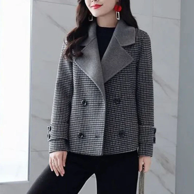 2024 Autumn New Check Plaid Wool & Blend Women\'s Blazers Tweed Clothing Female Coats and Jackets Gray Outerwear Tailoring In