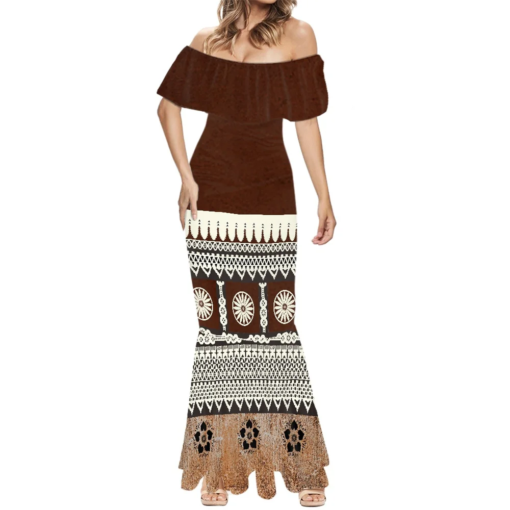 

Off The Shoulder Brown Fiji Samoa Polynesian Tribal Clothing Bodycon Sexy Ruffle Mermaid Dresses 7XL For Big Women Party