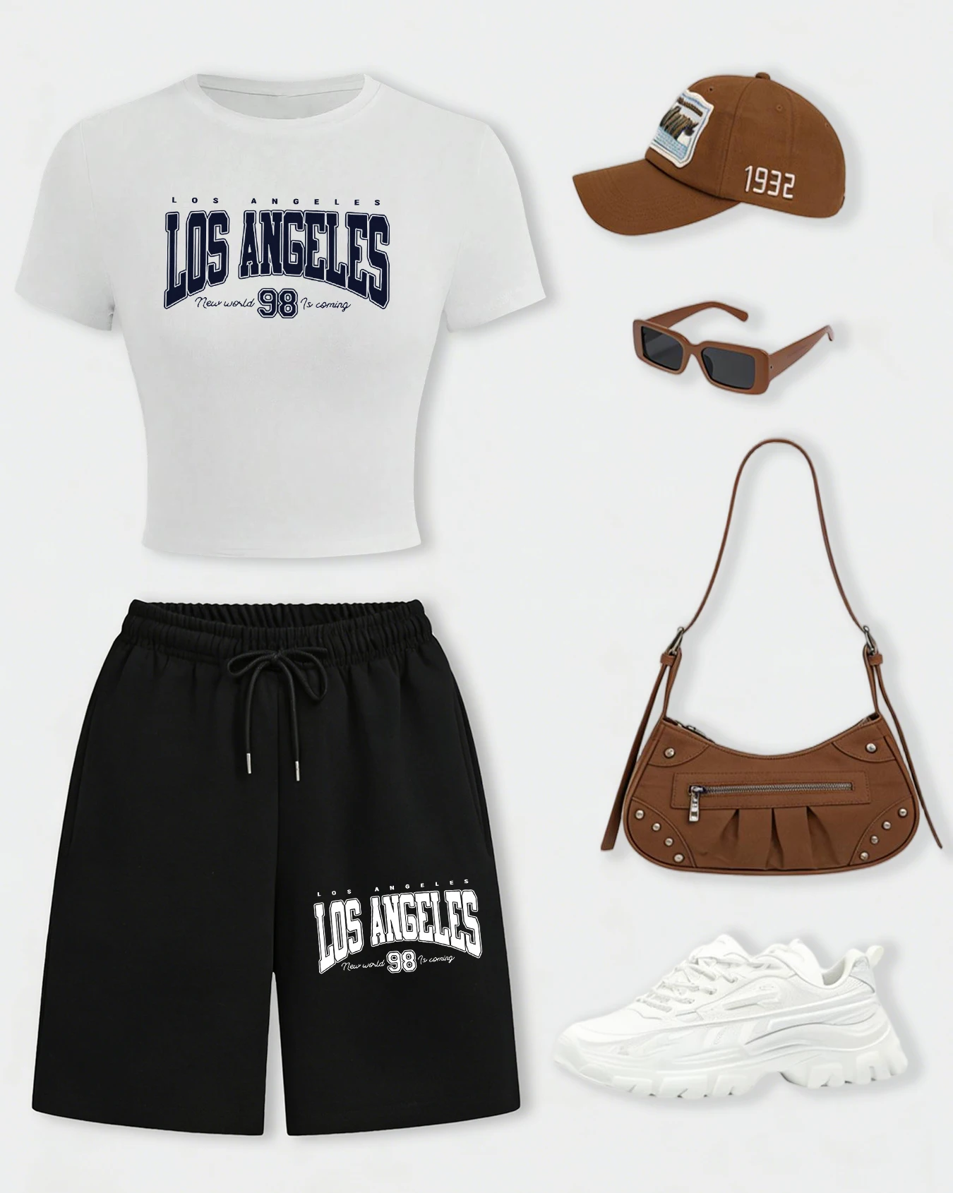 

Los Angeles New World Is Coming Print Crop T-Shirt Suit Woman Wide-Leg Summer Shorts Set O-Neck Cotton T Shirt Breathable Top