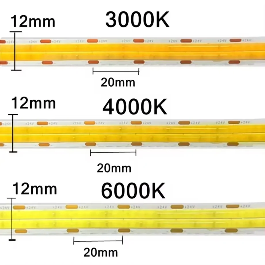 Imagem -05 - Dupla Linha Flexível Cob Led Strip Lights Super Brilhante Alta Densidade Regulável dc 24v 3000k 4000k 6500k 2000lm m 600leds m