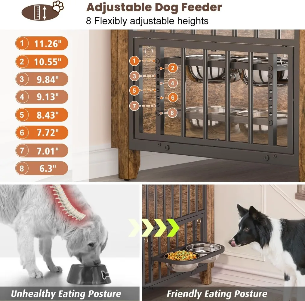 بيت كلب خشبي مقاس 37.7 بوصة داخلي مع 360 درجة °   وعاء تغذية بارتفاع دوار وقابل للتعديل، قفص كلب للطاولة ذو نهاية جانبية شديدة التحمل