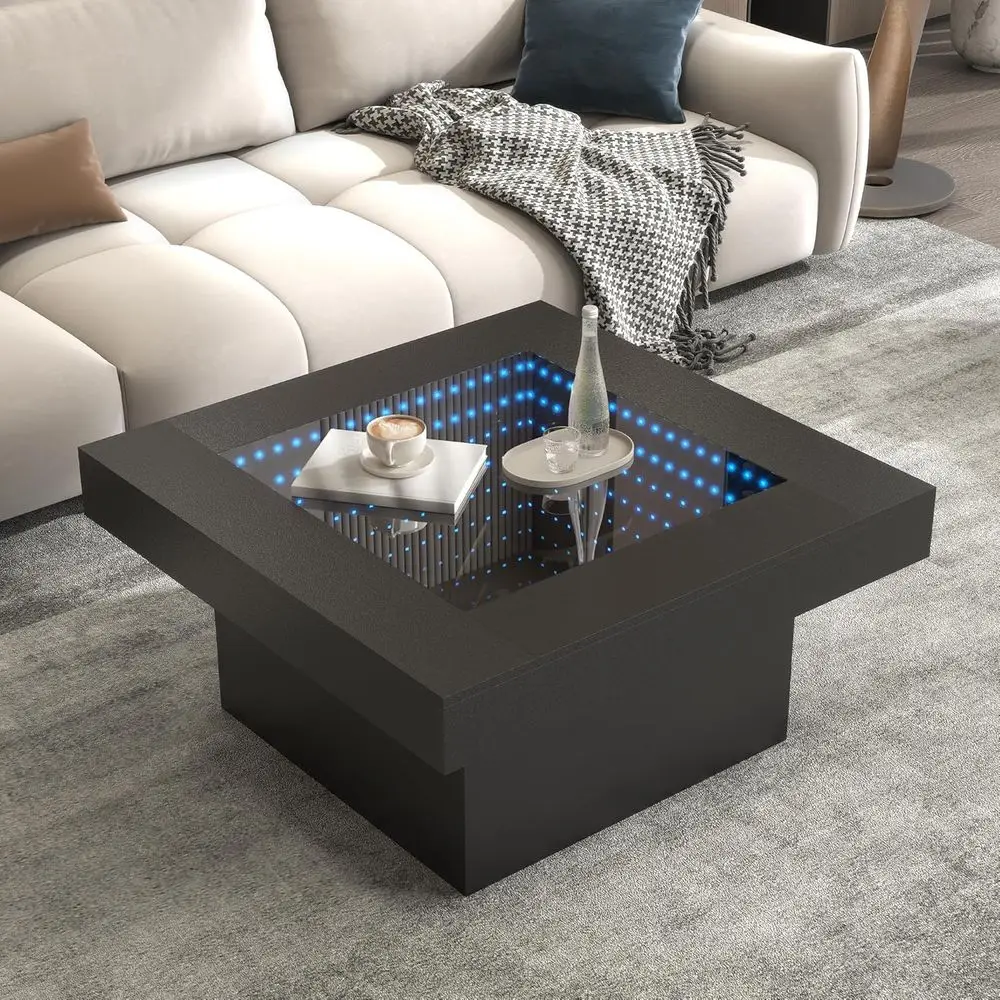 Modern Square Coffee Table with LED Lights, Tempered Glass Top, Suitable for Living Room, 31