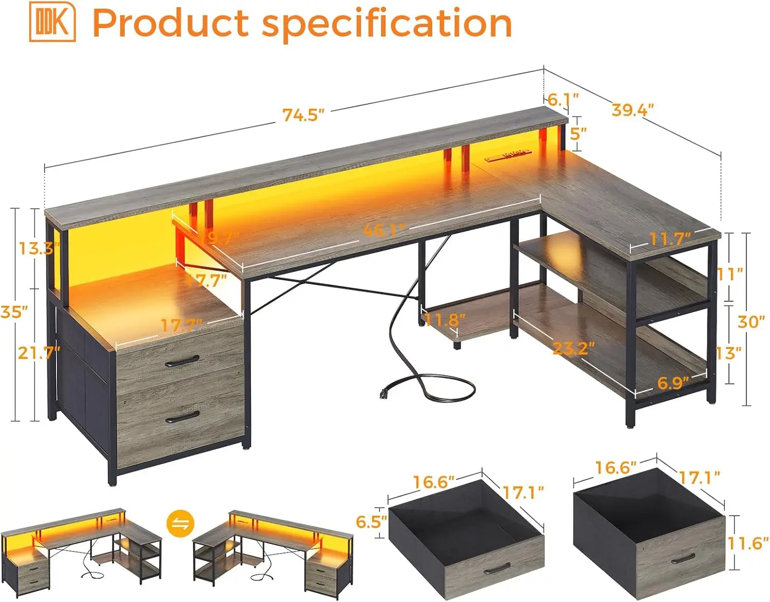 L geformter Schreibtisch mit Akten schublade, 75 "reversibler l-förmiger Computer tisch mit Steckdose und LED-Streifen, Eck schreibtisch, Graue iche