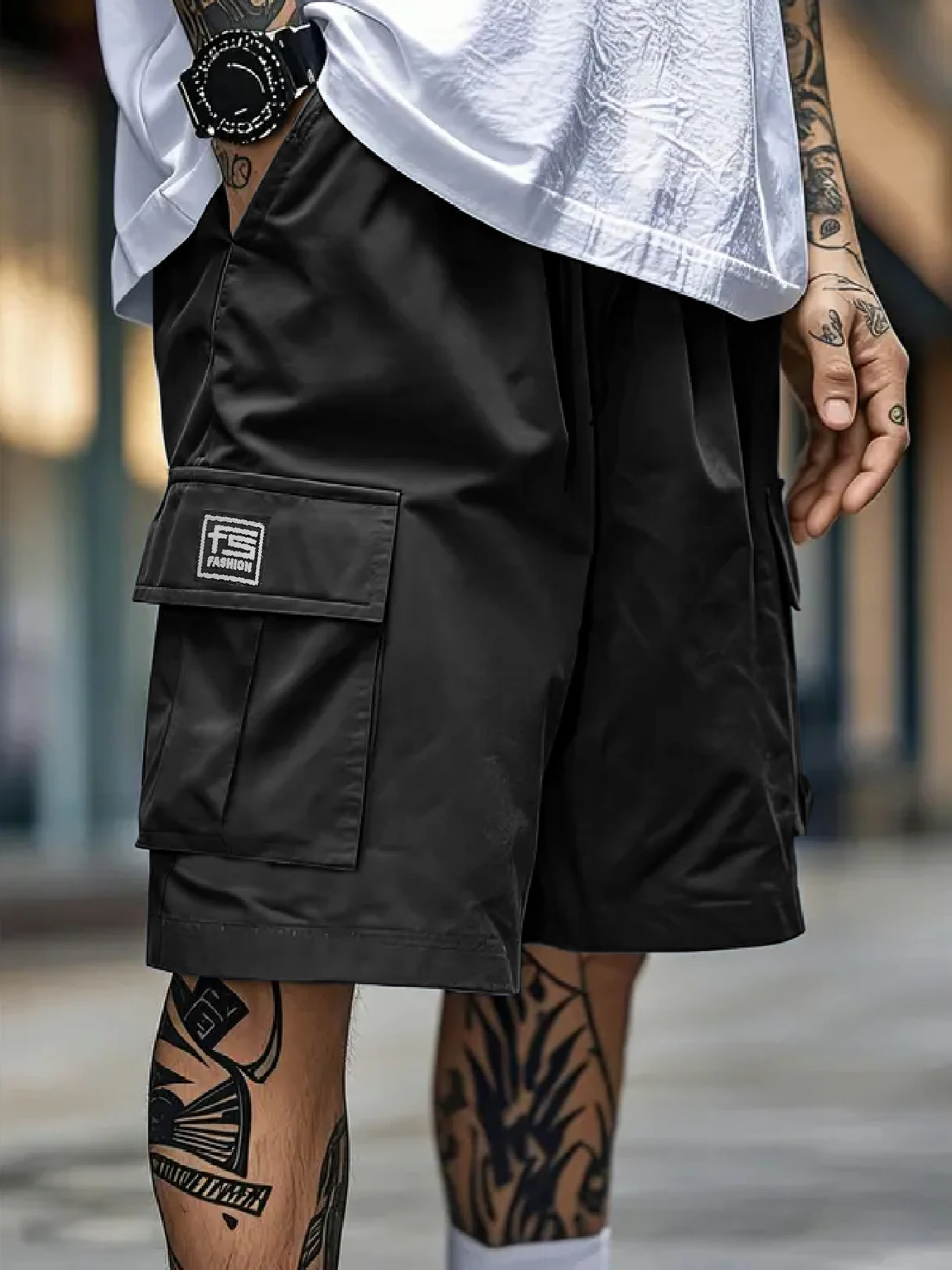 Men's overalls shorts casual outdoor sports woven elastic soft and comfortable fashion simple multi-pocket elastic belt waist dr