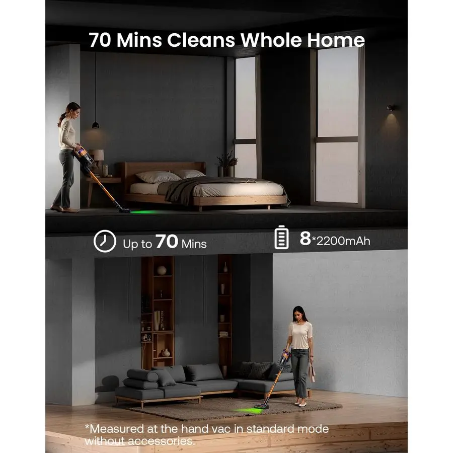 مكنسة كهربائية للمنزل، مكنسة كهربائية مطورة بقوة 60 كيلو باسكال لشعر الحيوانات الأليفة مع وقت تشغيل 70 دقيقة، ضوء LED أخضر للأرضيات الصلبة