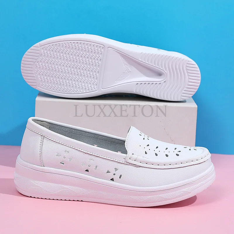 Women Flat Shoes Summer Tendon Bottom Women Loafers Trendy Lightweight Slip on White Casual Sports Shoes Hollow