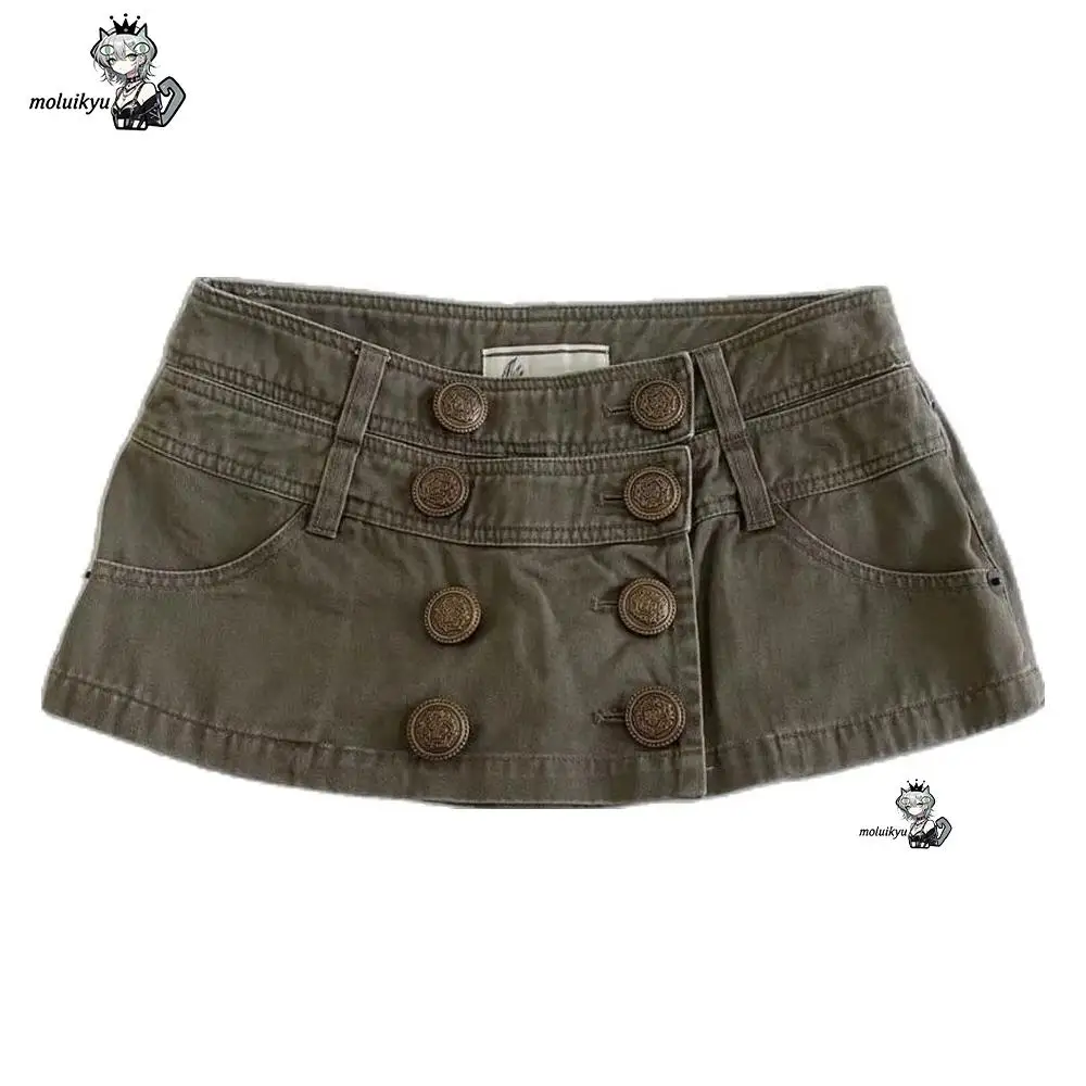 American Y2K Retro Button Military Green Skirt Harajuku Women's Washed Denim Tight Low-Waist Fashion Skirt Cargo Short Skirt