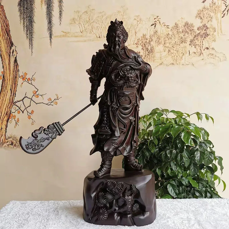Black sandalwood carving Guan Gong statue ornament, solid wood carving, horizontal knife, Vulcan Home Furnishing
