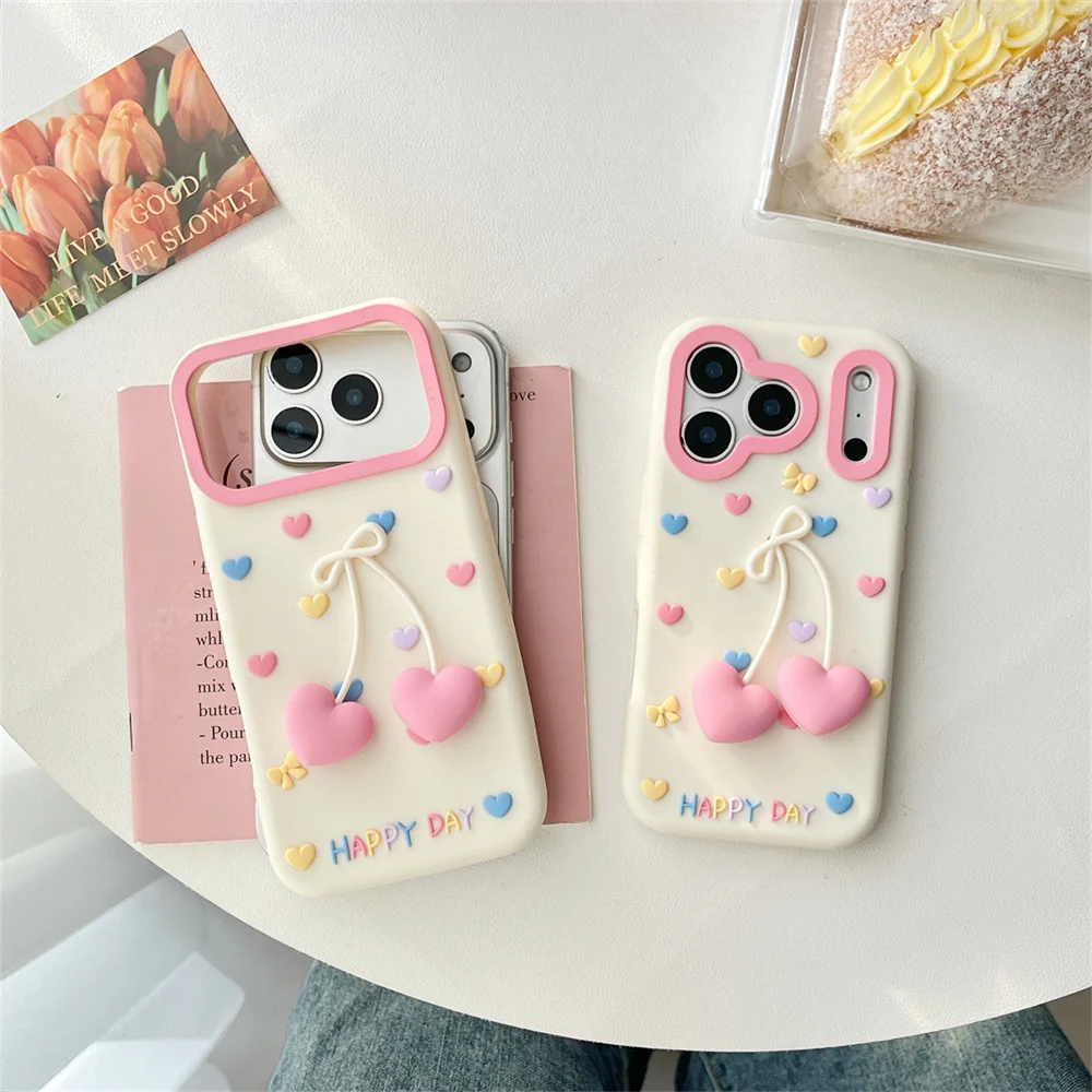 Coquette Cute Pastel 3D Heart Charm Bow Phone Case for 17 Pro Max Pendant Soft Silicone Protective Cover for iPhone 16 15 14 13