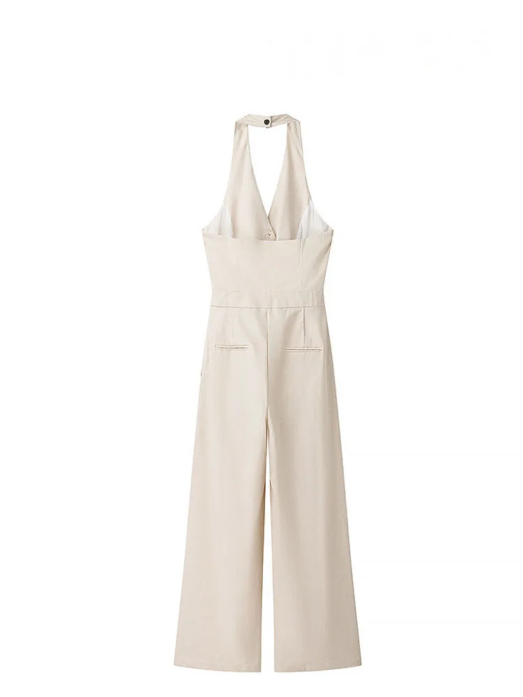 HH Female Spring High Street Jumpsuits Beige V-Neck Sleeveless Backless Single-Breasted Women's Fashion Pockets Jumpsuits