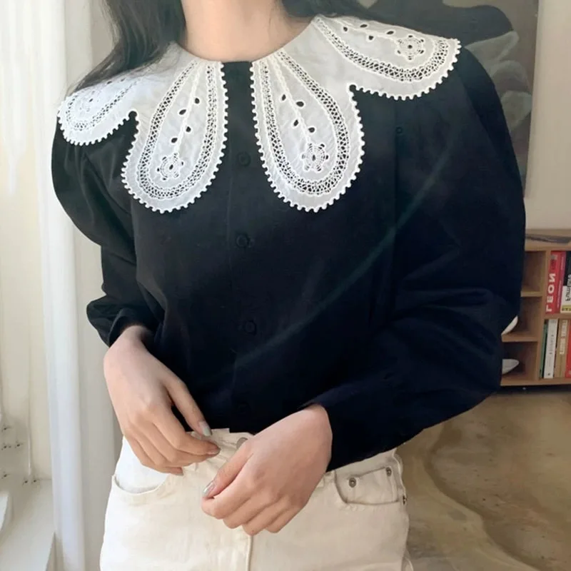 Chic Spring Autumn Women\'s Shirt New Style Ruffle Collar White Loose Design Sweet Youthful Bubble Sleeve Blouse Pure Color Do...