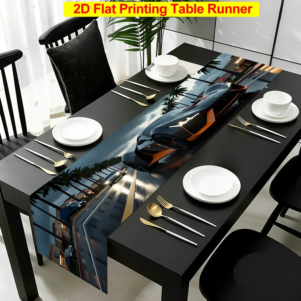 1 Piece of Racing Car Speeding through City Streets Table Runner, Suitable for Farmhouse, Indoor, Kitchen, Celebrations, Table Decoration, Restaurant and Banquet Decoration Supplies