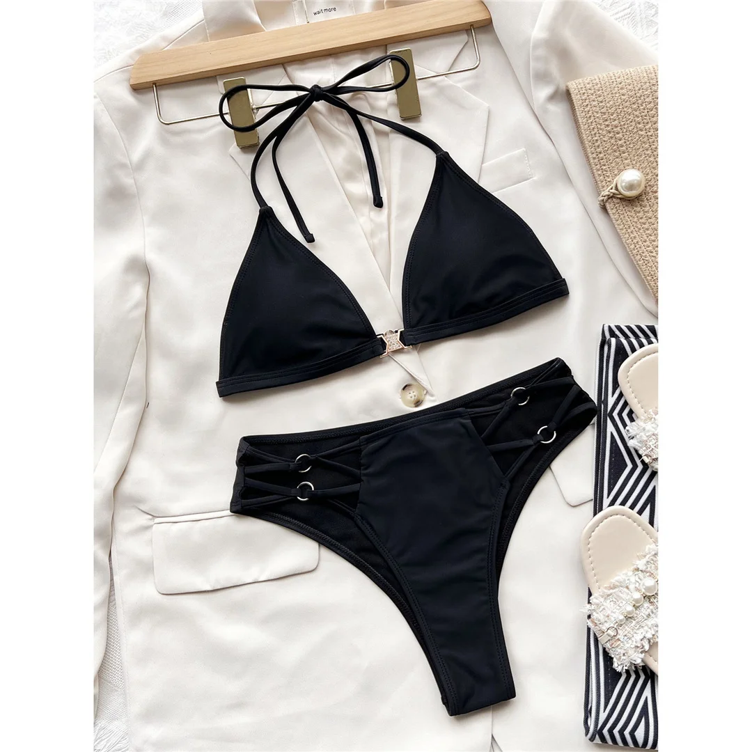 Sexy Neckholder-Bikini mit Riemchen und mittelhohem Bund, Damen-Badeanzug, zweiteiliges Bikini-Set, gepolsterter Badeanzug, Badebekleidung, Schwimmanzug V3635 – Detail 8