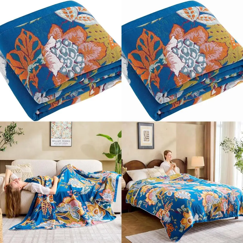 

90x98 Cotton Bohemian Reversible Throw Blanket, Lightweight Blue for Summer, Breathable Muslin Farmhouse Style