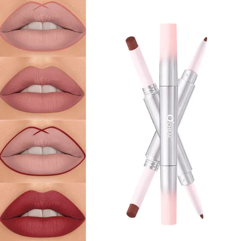 Batom delineador fosco 2 em 1, caneta de longa duração, sem transferência, sexy, vermelho, giratório, duas cabeças, cosméticos de maquiagem