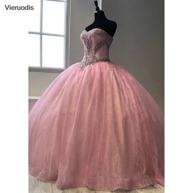 

Sparkly Pink Blue Sweet 16 Ball Gown Quinceaera Dresses Beaded Sequins Sleeveless Vestido De 15 Anos Quinceanera 2021