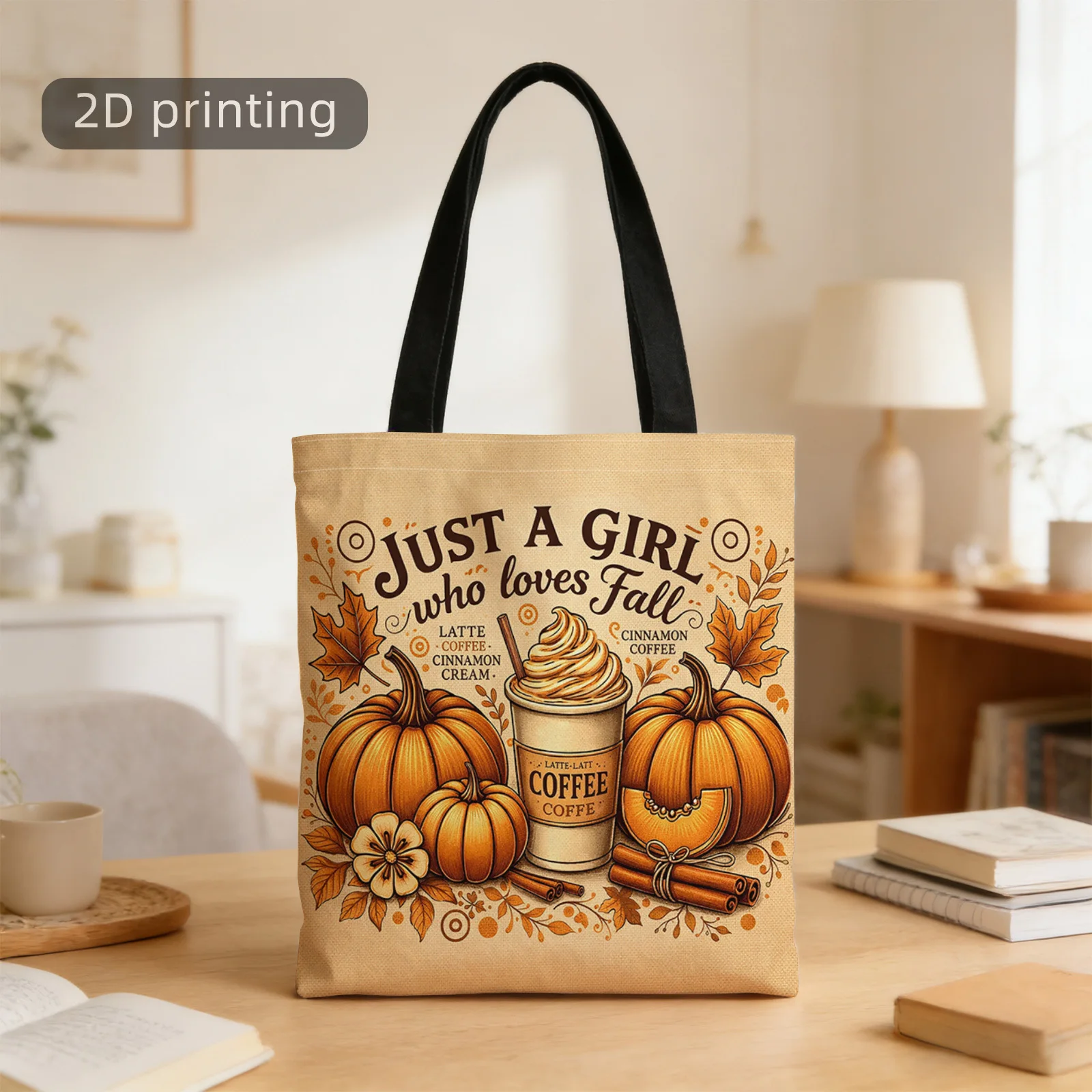 Just A Girl Who Loves Fall Tote Bag Vintage Pumpkin Coffee Maple Leaf Print Reusable Canvas Shoulder Shopping Handbag